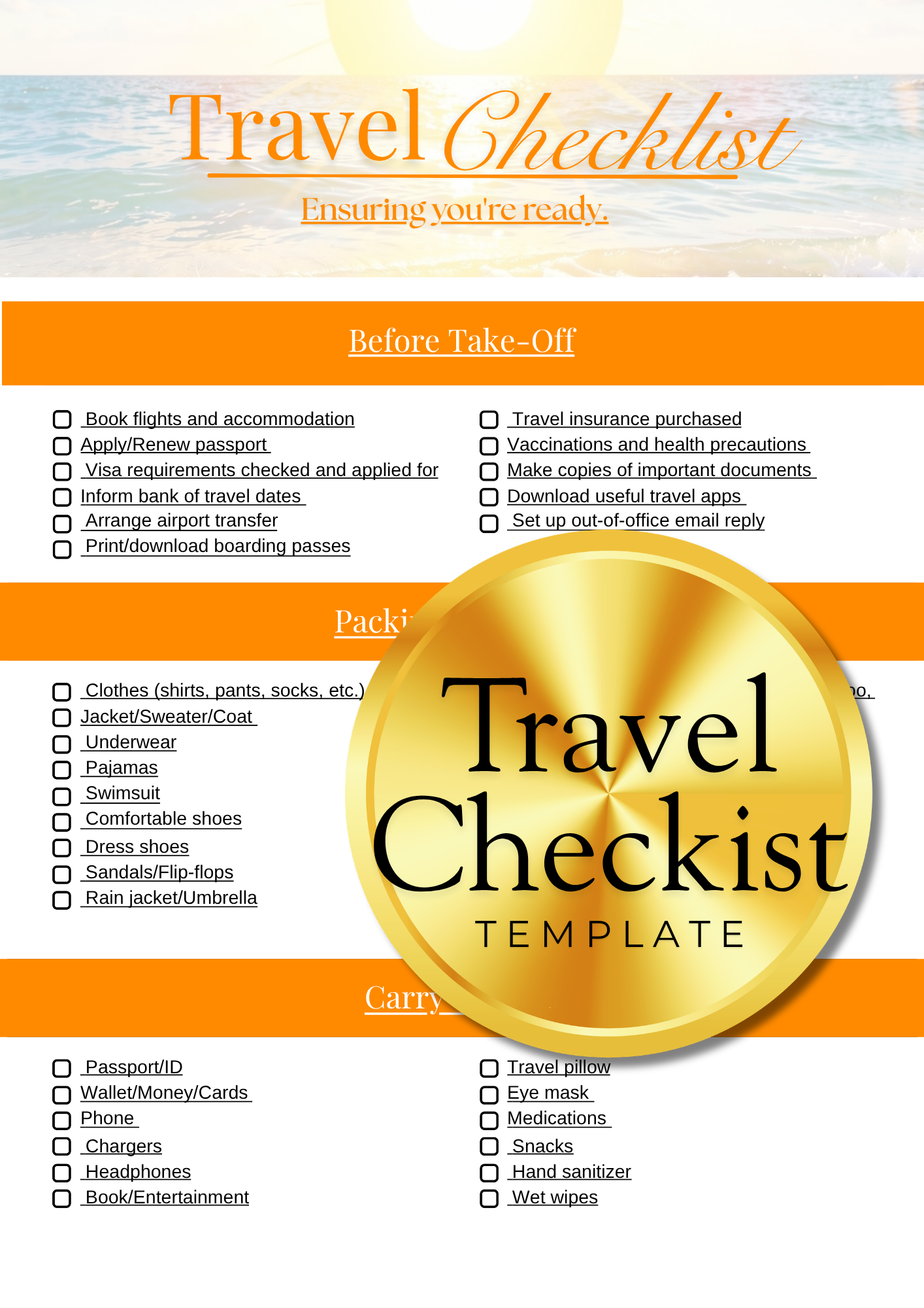 Travel Checklist Planner (Printable & Downloadable)