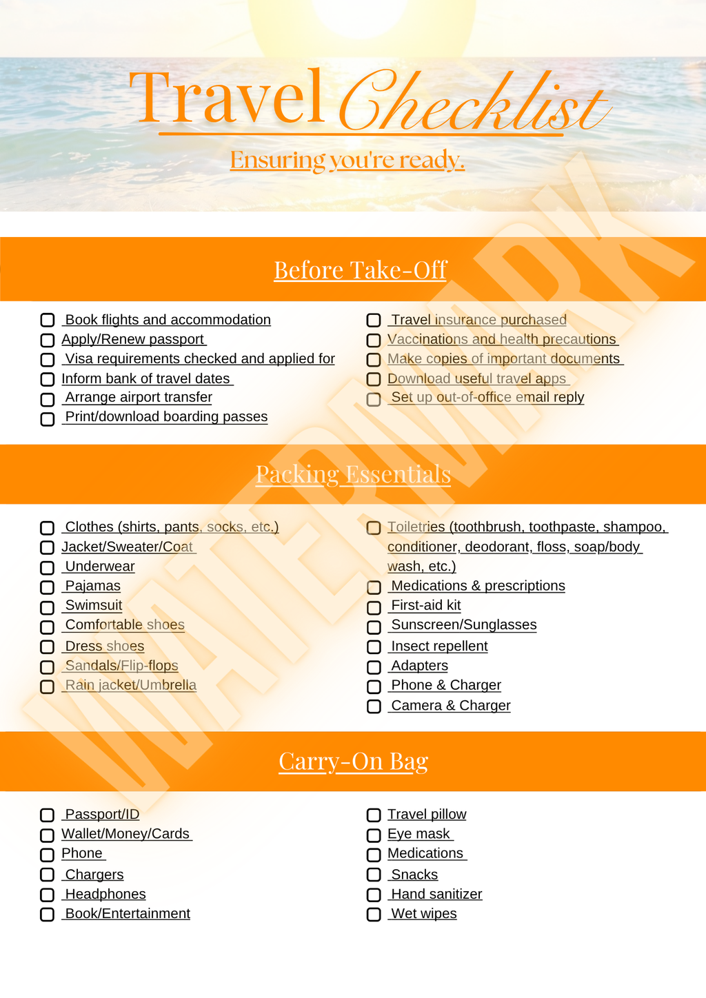 Travel Checklist Planner (Printable & Downloadable)